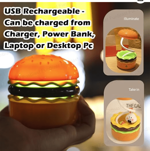 Funblast Table Lamp - Burger Design Desk Light For Kids & Adults, Rechargeable Desk Lamp With Pen Holder & Sharpener, Study Desk Light For Study Room/Home/Office (Aqua Green) - Plastic, Led - Image 5